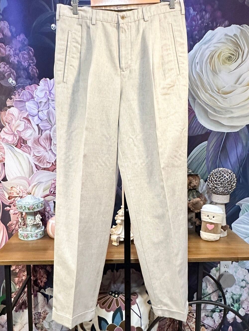 Savane 33x32 Linen Cotton Dress Pants Flat Front Straight Leg Minimalist Tan